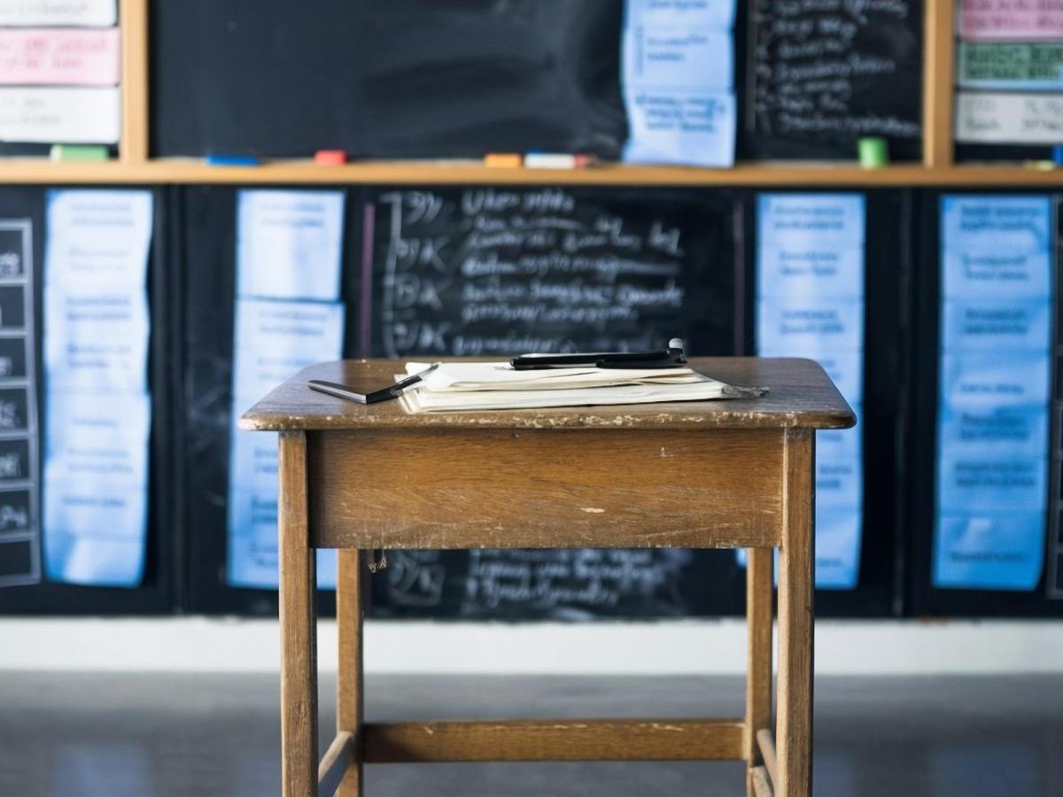 Image shows a desk in a classroom, with chalkboards in the background showing lesson plans.