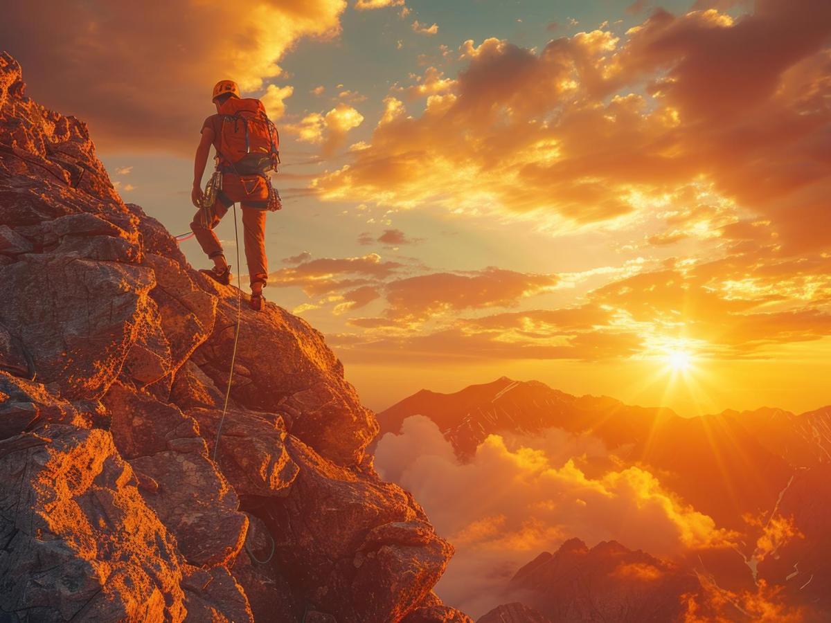 Man climbing a mountain during sunrise